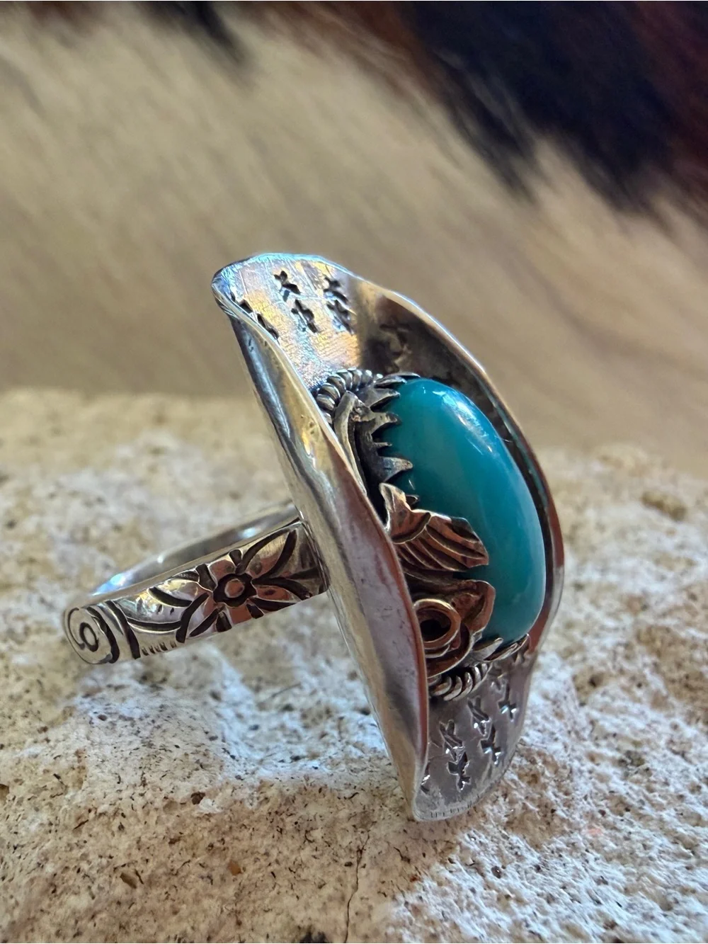 ❤️ Kingman Turquoise Cowgirl Cowboy Hat Hand Stamped Sterling 925 Ring Sz 6.25